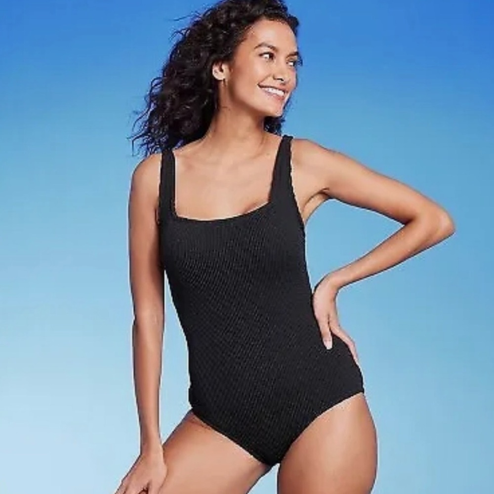 Kona Sol Black Square Neck One-Piece Swimsuit